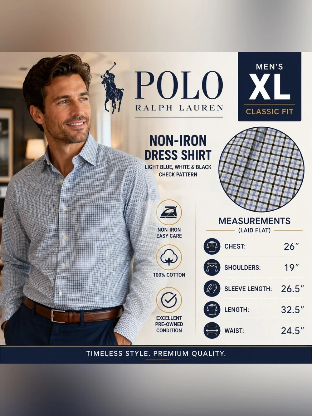 Polo Ralph Lauren XL Non-Iron Dress Shirt Blue Check Classic Fit